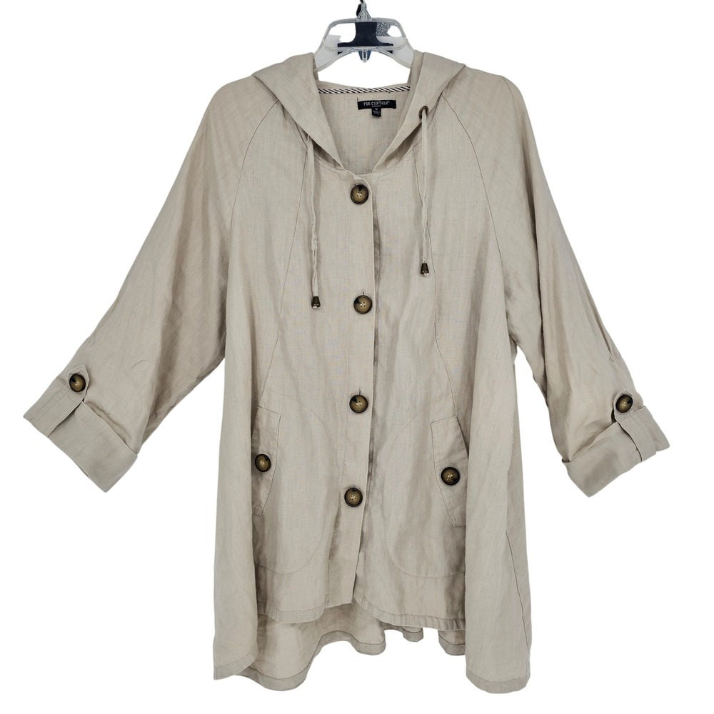 For Cynthia Linen Hooded Jacket 1X Beige Cuffed Sleeve Neutral Coastal Lagenlook